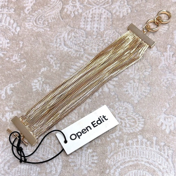 Brand New Open Edit Gold Tone Multi-Strand Chain Toggle Bracelet Statement Cuff - Picture 2 of 14